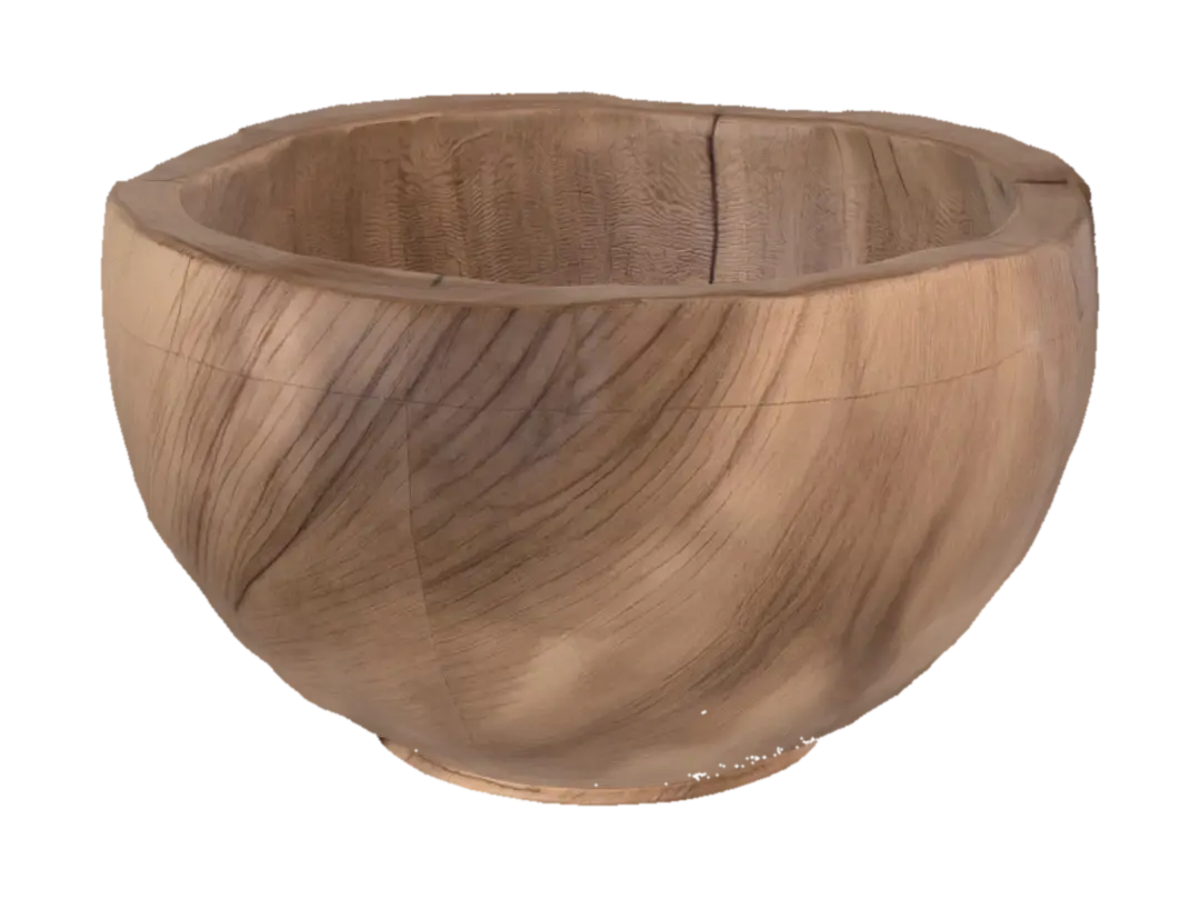 Primitive coconut bowl with carved edges, tropical survival prop, stylized low poly 3D model, vytvořený pomocí AI