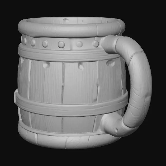 3D model for A medieval tavern wooden coffee mug made of dark aged oak, thick carved body with visible wood grain and small knife marks, reinforced with slightly oxidized iron bands around the top and bottom, heavy rounded handle with subtle cracks from long-term use, interior slightly stained from dark coffee, warm rustic atmosphere, realistic material detail, handcrafted medieval craftsmanship, tavern setting prop.