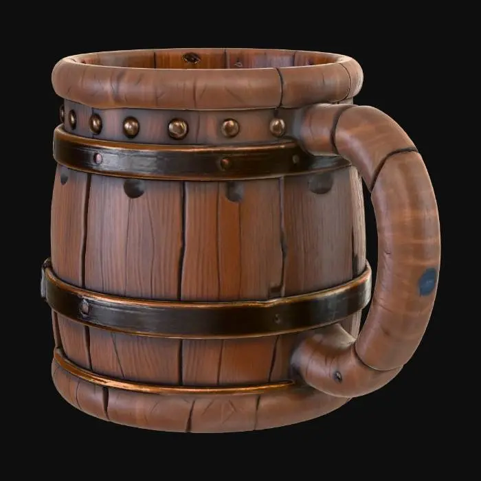3D model for A medieval tavern wooden coffee mug made of dark aged oak, thick carved body with visible wood grain and small knife marks, reinforced with slightly oxidized iron bands around the top and bottom, heavy rounded handle with subtle cracks from long-term use, interior slightly stained from dark coffee, warm rustic atmosphere, realistic material detail, handcrafted medieval craftsmanship, tavern setting prop.