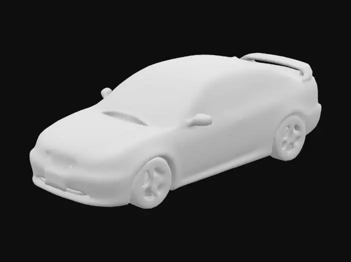 3D model for "Create a 3D CAD model of a BMW E46 (1997-2006). The car should feature smooth, aerodynamic lines with a front grille, oval headlights, and a curved windshield. Include 17-inch 5-spoke wheels, a rear spoiler, and side mirrors matching the E46 style. The rear taillights should be semi-circular with vertical lines. Model the interior with a round steering wheel, classic dashboard, leather seats, and a central console with climate controls, ensuring proportions are accurate to the original design."