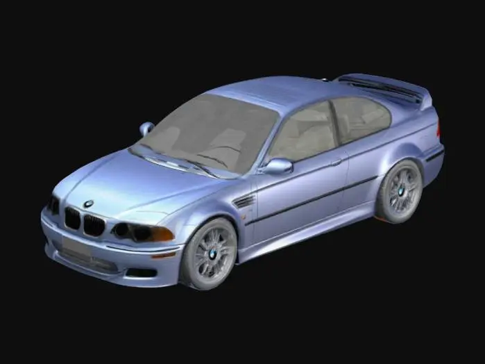3D model for "Create a 3D CAD model of a BMW E46 (1997-2006). The car should feature smooth, aerodynamic lines with a front grille, oval headlights, and a curved windshield. Include 17-inch 5-spoke wheels, a rear spoiler, and side mirrors matching the E46 style. The rear taillights should be semi-circular with vertical lines. Model the interior with a round steering wheel, classic dashboard, leather seats, and a central console with climate controls, ensuring proportions are accurate to the original design."
