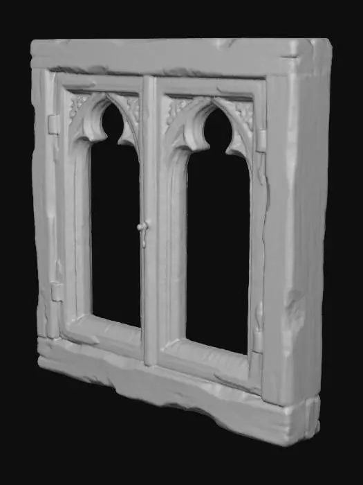 3D model for “high-quality 3D model of an old wooden window frame, medieval rustic style, thick oak wood borders, weathered edges, subtle cracks and carved details, metal hinges and small latch included, no glass, rectangular shape, soft warm patina, realistic PBR textures with clear roughness variation, handcrafted look, 4K texture detail, no people, no interior, isolated object on clean neutral background”