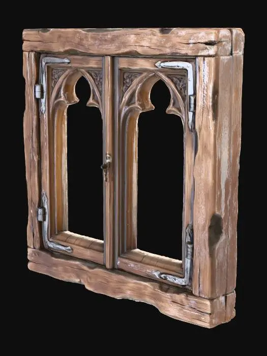 3D model for “high-quality 3D model of an old wooden window frame, medieval rustic style, thick oak wood borders, weathered edges, subtle cracks and carved details, metal hinges and small latch included, no glass, rectangular shape, soft warm patina, realistic PBR textures with clear roughness variation, handcrafted look, 4K texture detail, no people, no interior, isolated object on clean neutral background”