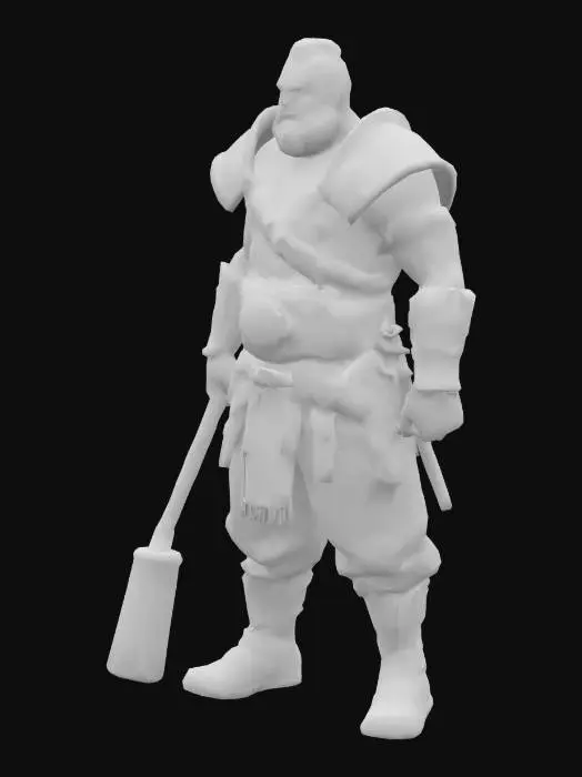 3D model for 3D model, gritty low-fantasy human male thug/bandit. Full body character. Wearing poorly maintained, mismatched pieces of ragged leather armor over a simple, dirty tunic and trousers. General appearance should be unkempt, tough, and somewhat desperate. Features a scowling, hardened facial expression. Armed with a crude, heavy wooden club or a basic, functional iron mace. Focus on realistic textures of worn leather, roughspun, dirt-stained cloth, and unpolished wood/iron. Avoid overly heroic or clean appearances; should look like a common, low-level bandit.