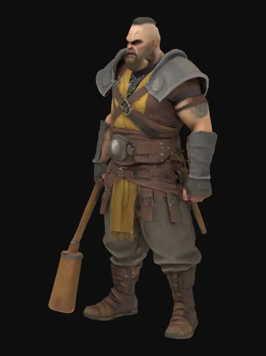3D model for 3D model, gritty low-fantasy human male thug/bandit. Full body character. Wearing poorly maintained, mismatched pieces of ragged leather armor over a simple, dirty tunic and trousers. General appearance should be unkempt, tough, and somewhat desperate. Features a scowling, hardened facial expression. Armed with a crude, heavy wooden club or a basic, functional iron mace. Focus on realistic textures of worn leather, roughspun, dirt-stained cloth, and unpolished wood/iron. Avoid overly heroic or clean appearances; should look like a common, low-level bandit.