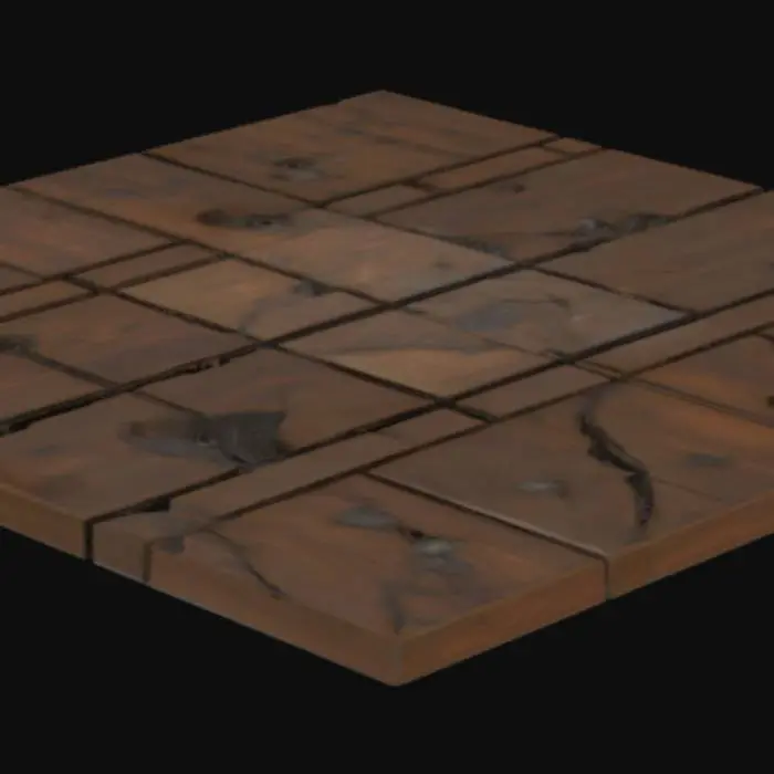 3D model for Seamless tiling texture, isometric view, 5ftx5ft grid square, dark polished wooden planks with visible wood grain, heavy scattering of sharp wood splinters and gleaming shattered glass shards, gritty, distressed, abandoned tavern floor, dim light, realistic shadows.