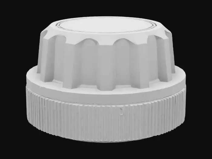 3D model for A knob for a rotating encoder that will be placed on a numpad. The knob should have a feature that allows the user to rotate it using only one finger but should be around the size of 3 standard keyboard keycaps. On the bottom the knob should have something to interface with the rotating encoder. The contour of the knob should be tapered towards the top and have slight notches all around.