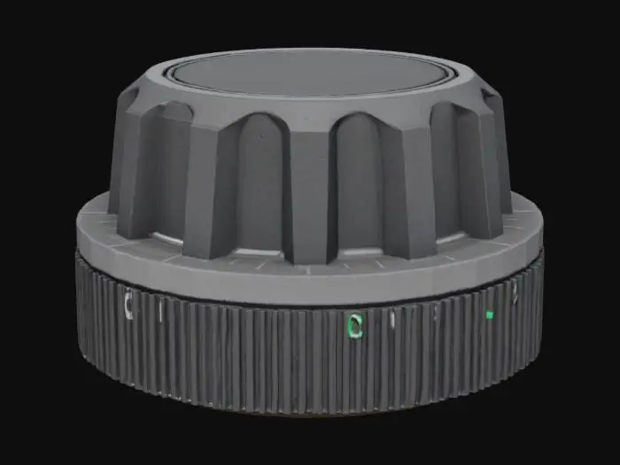 3D model for A knob for a rotating encoder that will be placed on a numpad. The knob should have a feature that allows the user to rotate it using only one finger but should be around the size of 3 standard keyboard keycaps. On the bottom the knob should have something to interface with the rotating encoder. The contour of the knob should be tapered towards the top and have slight notches all around.