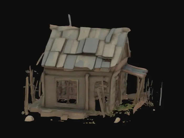 3D model for A small, stylised house that’s not very strong and has a post apocalyptic vibe to it. It should look like it’s in an animation movie(No floor or ground needed, just the house)