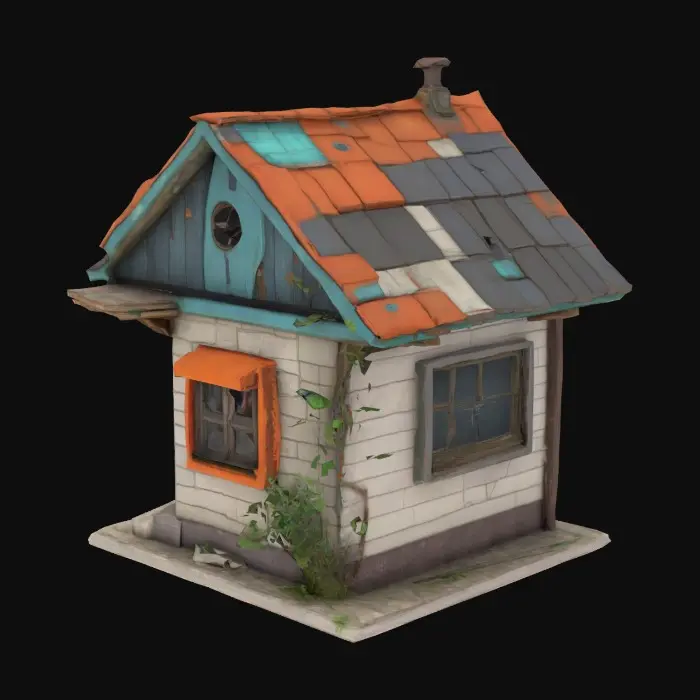 3D model for A small, stylised house that’s not very strong and has a post apocalyptic vibe to it. It should look like it’s in an animation movie(No floor or ground needed, just the house)