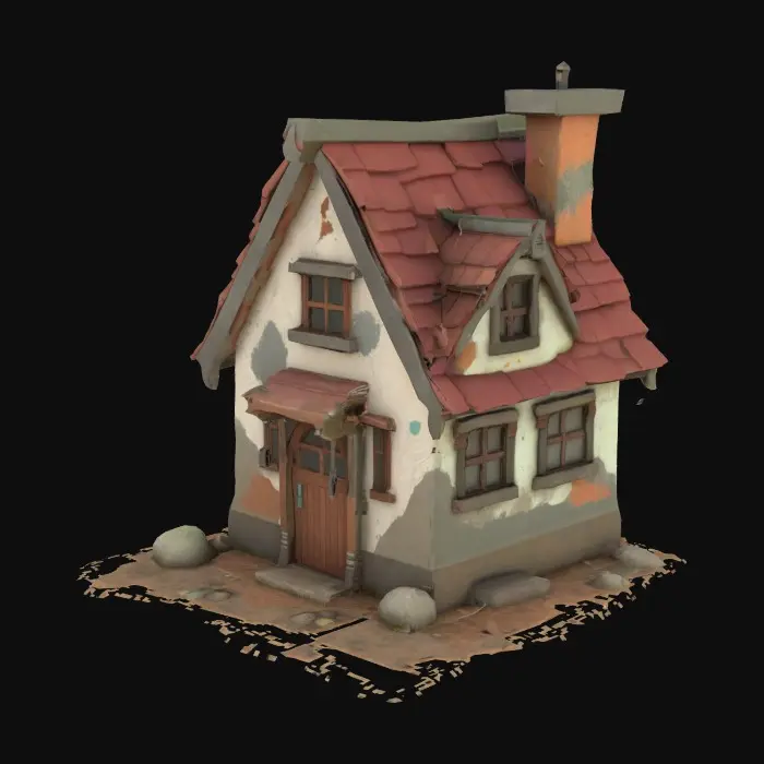 3D model for A small, stylised house that’s not very strong and has a post apocalyptic vibe to it. It should look like it’s in an animation movie(No floor or ground needed, just the house)