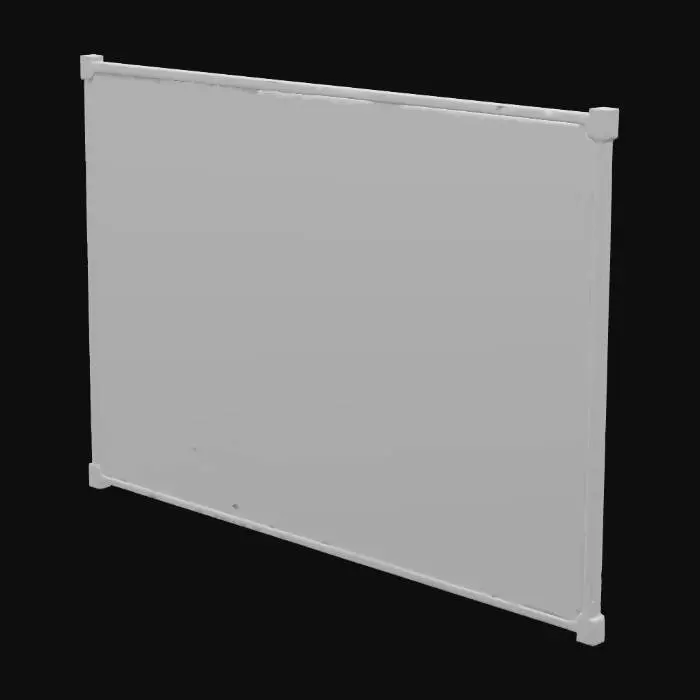 3D model for A standard classroom whiteboard, rectangular in shape with a crisp, bright white, ultra-smooth writing surface. It is typically framed by a thin, matte silver or grey aluminum border, giving it a clean, modern edge. The surface is non-porous and designed to be easily wiped clean, with a subtle sheen that reflects light. A slim, shallow tray, also likely made of aluminum, runs along the bottom edge, providing a convenient holder for markers and an eraser.