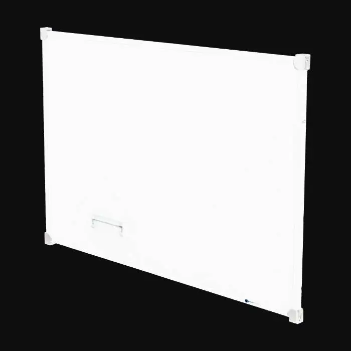 3D model for A standard classroom whiteboard, rectangular in shape with a crisp, bright white, ultra-smooth writing surface. It is typically framed by a thin, matte silver or grey aluminum border, giving it a clean, modern edge. The surface is non-porous and designed to be easily wiped clean, with a subtle sheen that reflects light. A slim, shallow tray, also likely made of aluminum, runs along the bottom edge, providing a convenient holder for markers and an eraser.