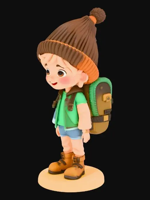 3D model for A figurine for a board game. The figurine is a human character on a round base, like a board game piece. The character is a hiking explorer. His face is kind. He is about 16 years old. The style is cartoonish.