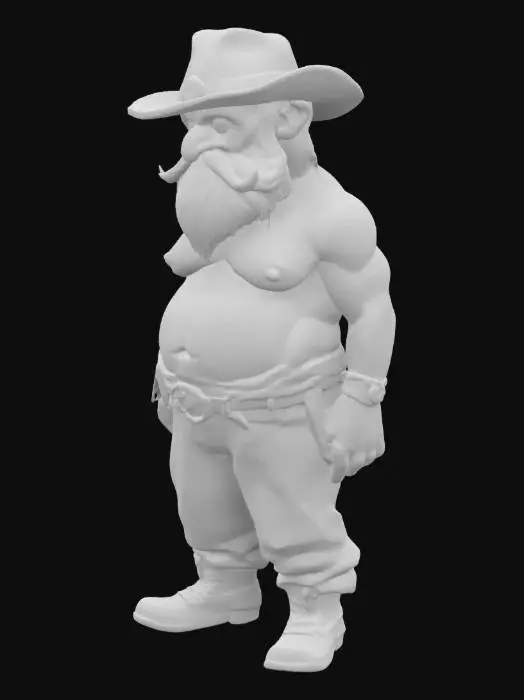 3D model for An old man with broken spine leaning forward  he is drawf short heighted and wears a cowboy hat  and only a pant the upper body is naked with large boots 

