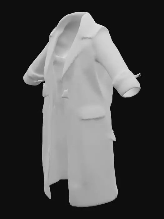3D model for A BLACK TATTERED AND TORN DIRTY 80'S ACTION MOVIE STYLE FEMALE TRENCH COAT , IN A T-POSE , OPEN FRONT