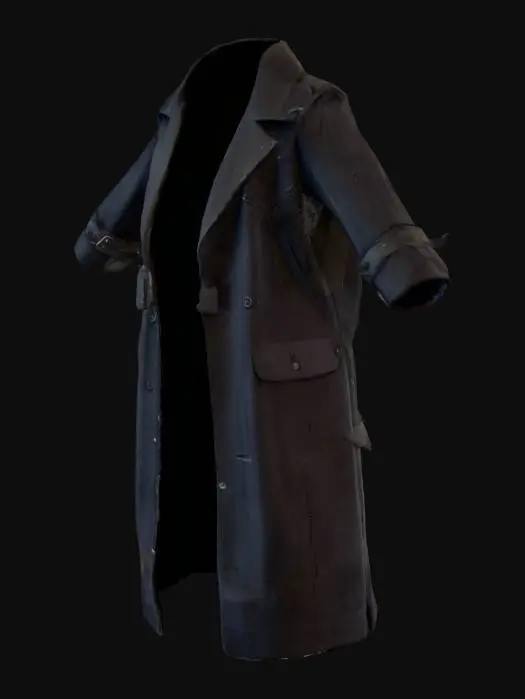 3D model for A BLACK TATTERED AND TORN DIRTY 80'S ACTION MOVIE STYLE FEMALE TRENCH COAT , IN A T-POSE , OPEN FRONT