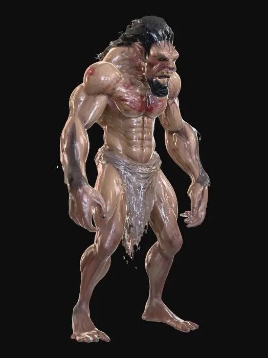 3D model for 80'S ACTION MOVIE STYLE, A HULKING  CANNIBAL MUATNT HUMANOID , DIRTY , SHREADED HOOD , SCARS , HUNCHED , SHREDDED SHABBY CLOTH ,
