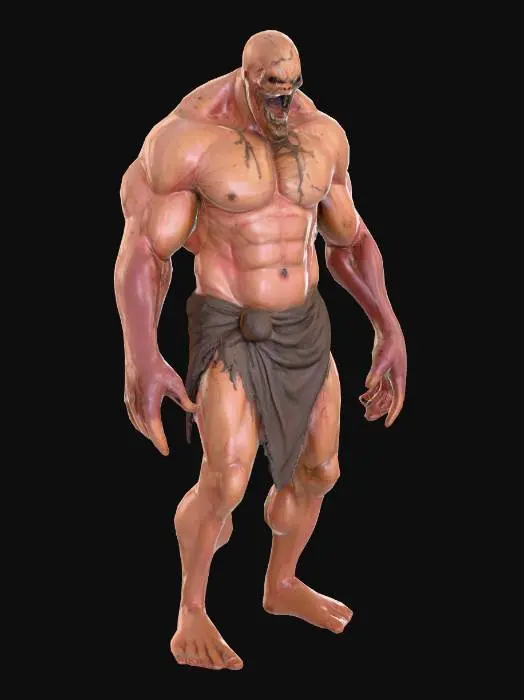 3D model for 80'S ACTION MOVIE STYLE, A HULKING  CANNIBAL MUATNT HUMANOID , DIRTY , SHREADED HOOD , SCARS , HUNCHED , SHREDDED SHABBY CLOTH ,