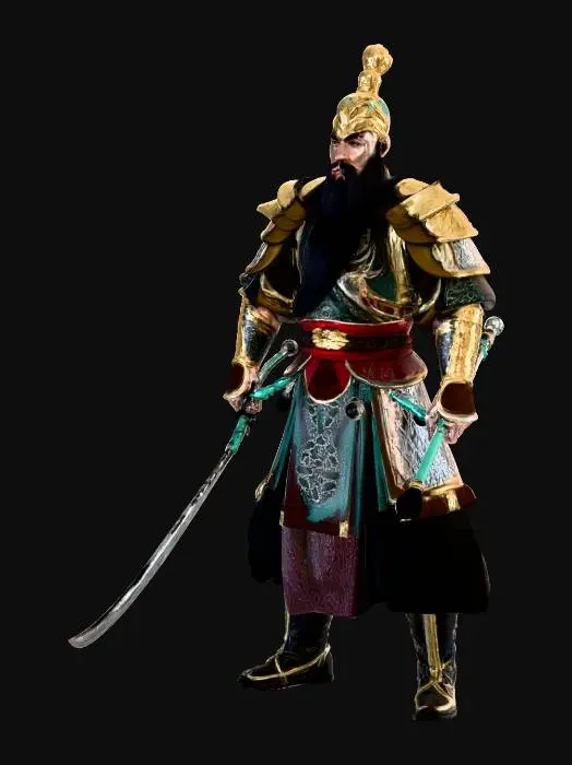 3D model for Start over from scratch. Use the image provided, to create a photorealistic model of Guan Yu wielding his famous weapon. Make this look as realistic & human like as possible. 

He was a legendary warrior with a divine aura. 

He had a tall stature, an imposing East Asian man, long flowing black beard, who held stern noble expression, authentic facial features and his body was very muscular.

His attire was Ornate dark blue armor with gold accents, with a green cape with a red dragon design. 

His weapon is the Green Dragon Crescent Blade, a long heavy polearm-style blade also known as a Guan Dao.

Setting: Battlefield fighting against Lü Bu at the Battle of Xiapi in 198