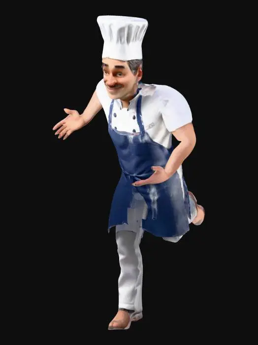 3D model for Sağlam, dost canlısı bir erkek şef. Hafifçe dağınık beyaz bir şef şapkası ve pratik, koyu mavi bir önlük giymiş. Vücudu yuvarlak hatlara sahip, pürüzsüz ve mat dokulu yüzeylere sahip. Elleri ve ayakları nispeten büyük ve basitleştirilmiş. Yüzünde anlamlı, geniş gözler ve kendinden emin, hafif yaramaz bir gülümseme var; bu da çalışmaya hazır bir tutumu yansıtıyor. Temiz, bloklu hatlar ve canlı renkler stilize görünümünü tamamlıyor.