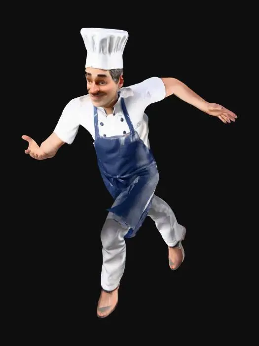 3D model for Sağlam, dost canlısı bir erkek şef. Hafifçe dağınık beyaz bir şef şapkası ve pratik, koyu mavi bir önlük giymiş. Vücudu yuvarlak hatlara sahip, pürüzsüz ve mat dokulu yüzeylere sahip. Elleri ve ayakları nispeten büyük ve basitleştirilmiş. Yüzünde anlamlı, geniş gözler ve kendinden emin, hafif yaramaz bir gülümseme var; bu da çalışmaya hazır bir tutumu yansıtıyor. Temiz, bloklu hatlar ve canlı renkler stilize görünümünü tamamlıyor.
