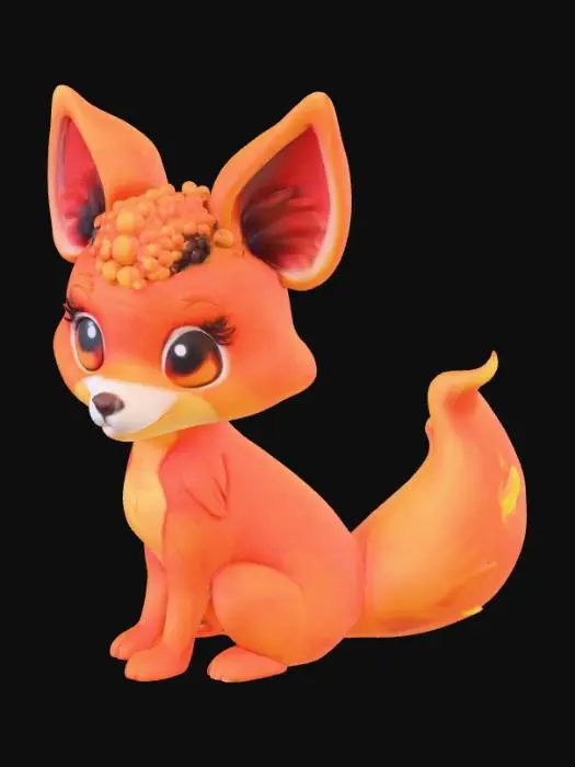 3D model for Fuchs mit Flammen am Fuchsschwanz, magisches Wesen, mit einer Krone aus roten und gelben Perlen