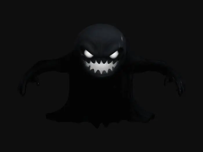 3D model for Dark Scary looking Cartoonish ghost monster flying, with evil mischiveous smile, chasing his victim
