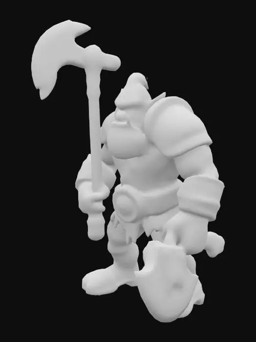 3D model for Generate a mid-sized, cartoonish mini-boss brute with exaggerated muscles, scars, or weapons for a roguelite game. Could resemble an ogre, mutated beast, or armored troll. Distinct personality and bold shape language—such as a huge axe, a single eye, or cracked armor. Keep the style light-hearted and stylized.