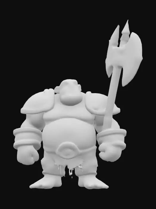 3D model for Generate a mid-sized, cartoonish mini-boss brute with exaggerated muscles, scars, or weapons for a roguelite game. Could resemble an ogre, mutated beast, or armored troll. Distinct personality and bold shape language—such as a huge axe, a single eye, or cracked armor. Keep the style light-hearted and stylized.