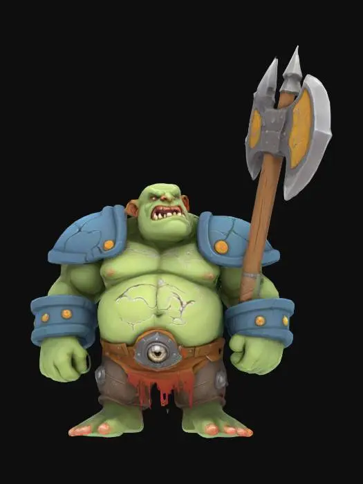 3D model for Generate a mid-sized, cartoonish mini-boss brute with exaggerated muscles, scars, or weapons for a roguelite game. Could resemble an ogre, mutated beast, or armored troll. Distinct personality and bold shape language—such as a huge axe, a single eye, or cracked armor. Keep the style light-hearted and stylized.