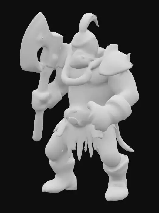3D model for Generate a mid-sized, cartoonish mini-boss brute with exaggerated muscles, scars, or weapons for a roguelite game. Could resemble an ogre, mutated beast, or armored troll. Distinct personality and bold shape language—such as a huge axe, a single eye, or cracked armor. Keep the style light-hearted and stylized.