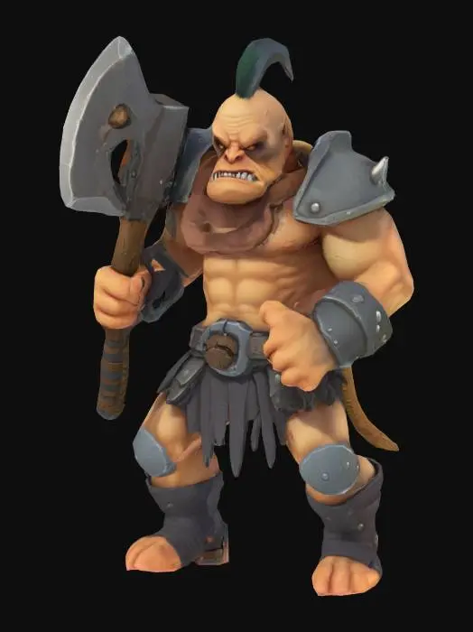 3D model for Generate a mid-sized, cartoonish mini-boss brute with exaggerated muscles, scars, or weapons for a roguelite game. Could resemble an ogre, mutated beast, or armored troll. Distinct personality and bold shape language—such as a huge axe, a single eye, or cracked armor. Keep the style light-hearted and stylized.