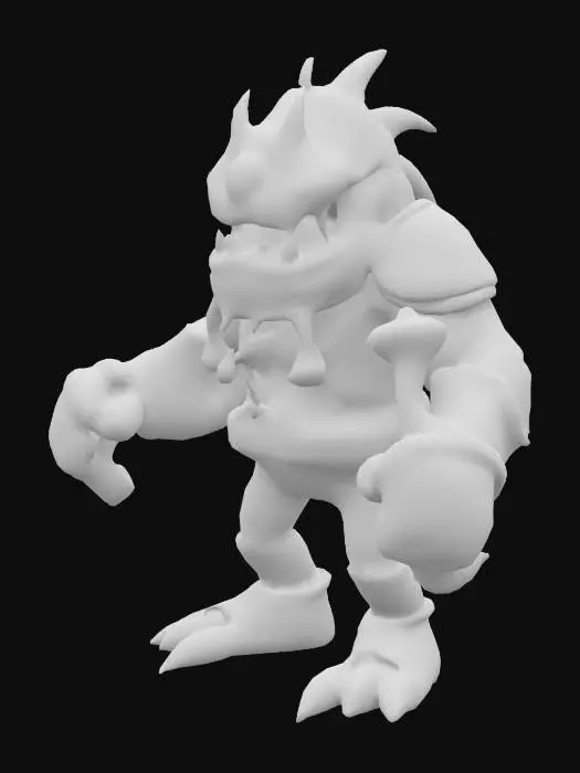 3D model for Generate a mid-sized, cartoonish mini-boss brute with exaggerated muscles, scars, or weapons for a roguelite game. Could resemble an ogre, mutated beast, or armored troll. Distinct personality and bold shape language—such as a huge axe, a single eye, or cracked armor. Keep the style light-hearted and stylized.