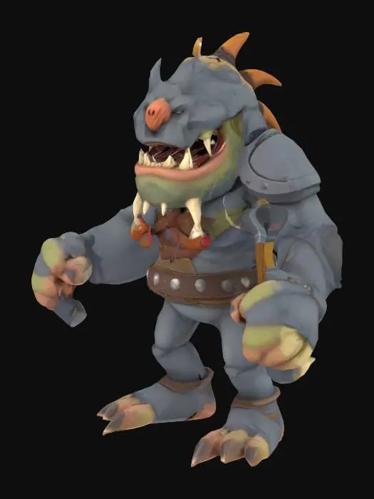 3D model for Generate a mid-sized, cartoonish mini-boss brute with exaggerated muscles, scars, or weapons for a roguelite game. Could resemble an ogre, mutated beast, or armored troll. Distinct personality and bold shape language—such as a huge axe, a single eye, or cracked armor. Keep the style light-hearted and stylized.