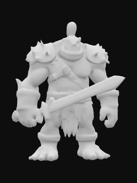 3D model for Generate a mid-sized, cartoonish mini-boss brute with exaggerated muscles, scars, or weapons for a roguelite game. Could resemble an ogre, mutated beast, or armored troll. Distinct personality and bold shape language—such as a huge sword, a single eye, or ripped leather armor. Keep the style light-hearted and stylized.