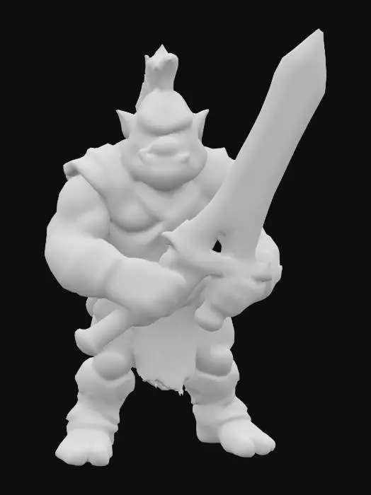 3D model for Generate a mid-sized, cartoonish mini-boss brute with exaggerated muscles, scars, or weapons for a roguelite game. Could resemble an ogre, mutated beast, or armored troll. Distinct personality and bold shape language—such as a huge sword, a single eye, or ripped leather armor. Keep the style light-hearted and stylized.
