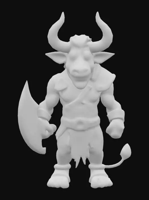 3D model for Generate a mid-sized, cartoonish mini-boss brute with exaggerated muscles, scars, or weapons for a roguelite game. Could resemble an ogre, mutated beast, tauren, minotour or armored troll. Distinct personality and bold shape language—such as a huge sword, a single eye, or ripped leather armor. Keep the style light-hearted and stylized.