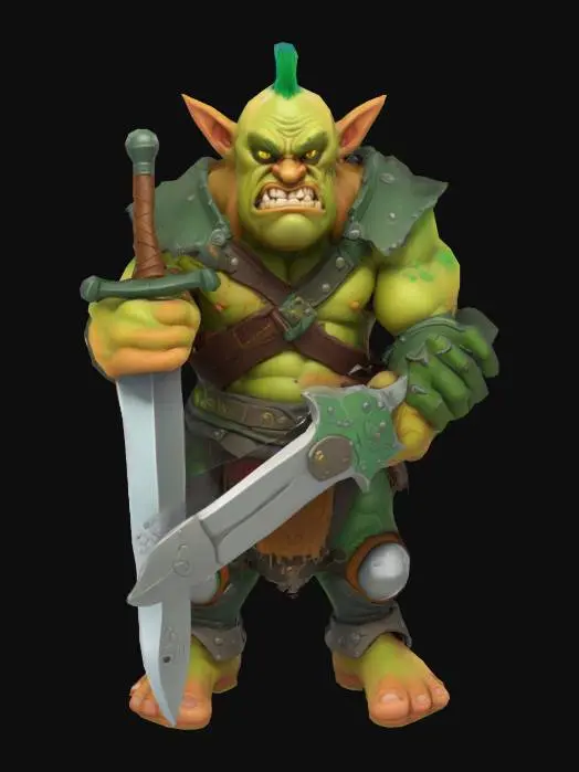 3D model for Generate a mid-sized, cartoonish mini-boss brute with exaggerated muscles, scars, or weapons for a roguelite game. Could resemble an ogre, mutated beast, tauren, minotour or armored troll. Distinct personality and bold shape language—such as a huge sword, a single eye, or ripped leather armor. Keep the style light-hearted and stylized.