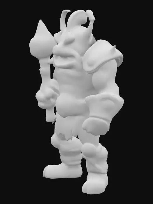 3D model for Generate a mid-sized, cartoonish mini-boss brute with exaggerated muscles, scars, or weapons for a roguelite game. Could resemble an inspired from greek or other mythos creatures,. Distinct personality and bold shape language—such as a  a single eye, or cracked armor. Keep the style light-hearted and stylized.