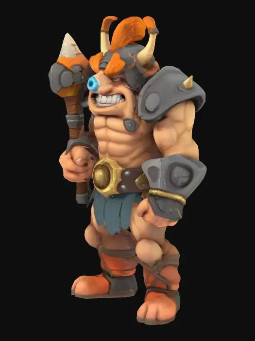 3D model for Generate a mid-sized, cartoonish mini-boss brute with exaggerated muscles, scars, or weapons for a roguelite game. Could resemble an inspired from greek or other mythos creatures,. Distinct personality and bold shape language—such as a  a single eye, or cracked armor. Keep the style light-hearted and stylized.