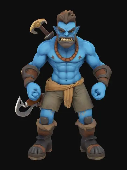 3D model for Generate a mid-sized, cartoonish mini-boss brute with exaggerated muscles, scars, or weapons for a roguelite game. Could resemble an inspired from greek or other mythos creatures,. Distinct personality . Keep the style light-hearted and stylized.