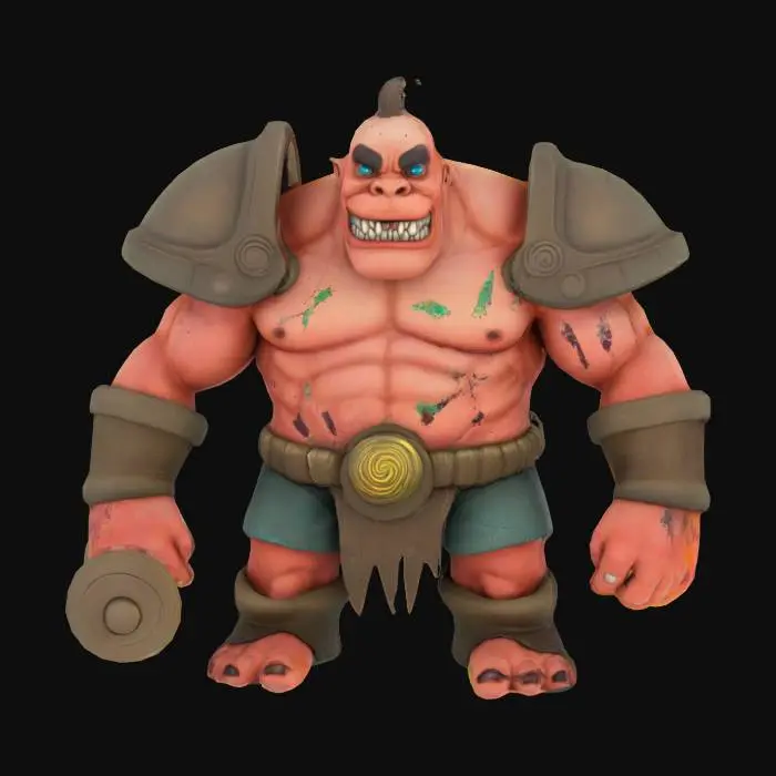 3D model for Generate a mid-sized, cartoonish mini-boss brute with exaggerated muscles, scars, or weapons for a roguelite game. Could resemble an inspired from greek or other mythos creatures,. Distinct personality and bold shape language—such as a  a single eye, or cracked armor. Keep the style light-hearted and stylized.