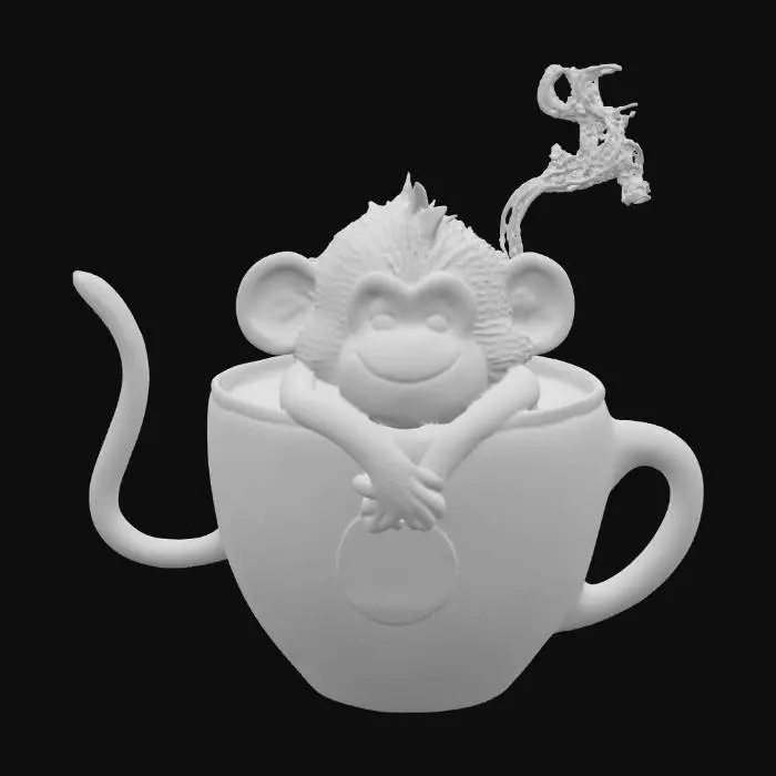 3D model for Обезьянка, которая обнимает большую чашку с капучино. На чашке написано Monkey MOO