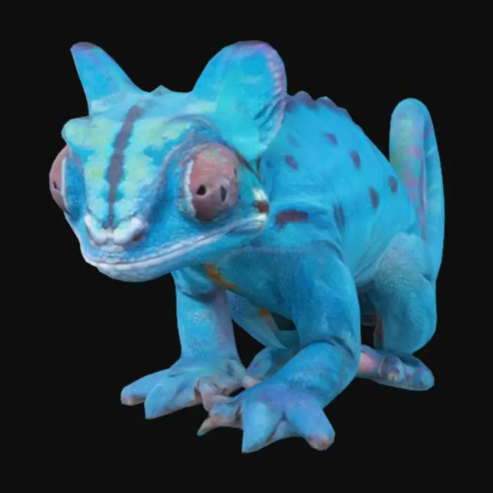 3D model for un caméléon panthere bleu avec des petites épines dorsales de taille normale et la queue enroulée sur elle même 