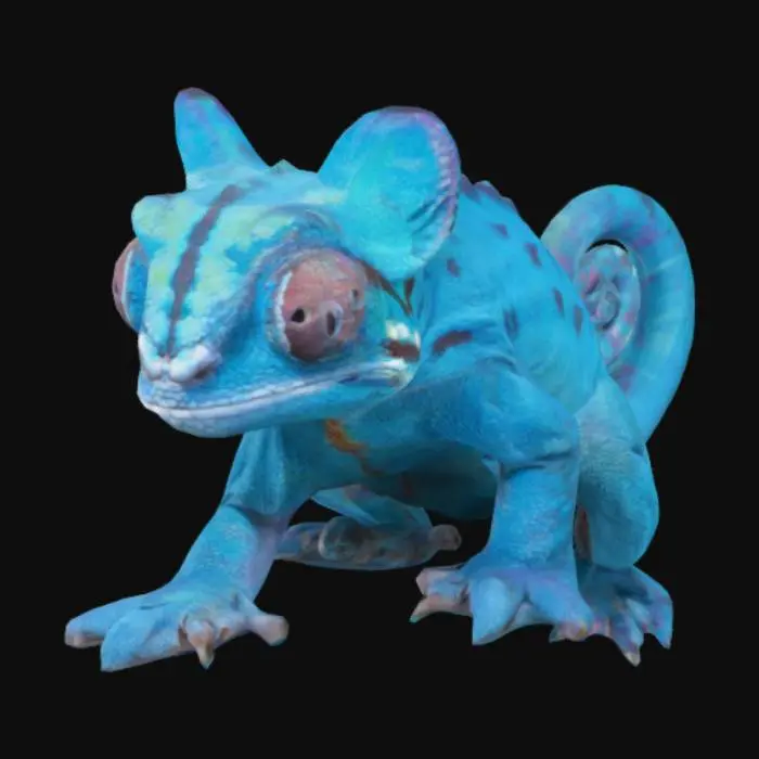 3D model for un caméléon panthere bleu avec des petites épines dorsales de taille normale et la queue enroulée sur elle même 