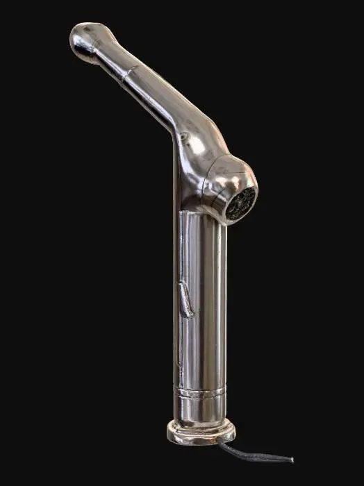 3D model for 电加热妇洗喷水枪，其主体为不锈钢外壳，连接弯曲的不锈钢枪型喷头。进水口为标准螺纹，主体引出带电缆欧式插头。内部包含精密电加热装置、可调水压增压装置及主控制电路板，由进水口水压开关控制，实现触发即加热增压。