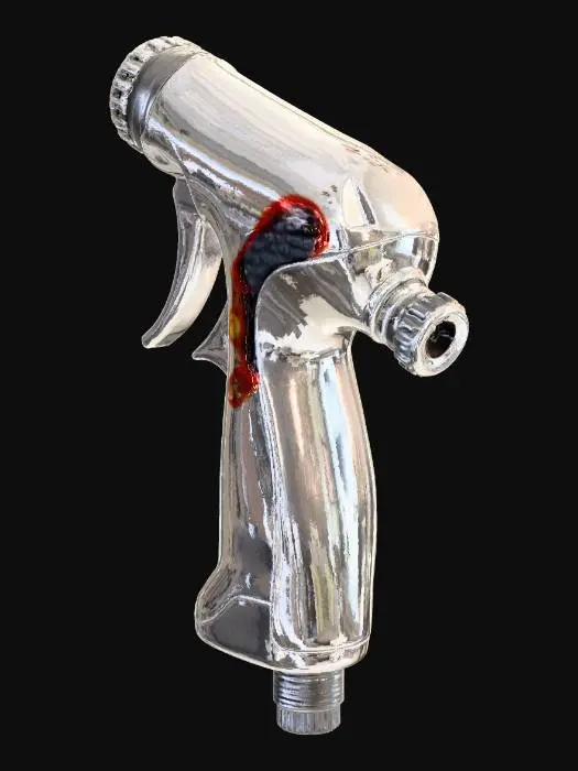 3D model for 一个外观新潮的妇洗喷水枪，进水口是标准的1/4吋外螺纹，可通过带内螺纹接口的螺丝连接供水软管，枪体呈7字形结构，把手内侧有一个扳机开关用于捏动扳机时激发出水，把手外侧顶部有个圆形的水压调节盘，盘上用中国红颜色喷绘着顺时针变大、逆时针变小的调节图标