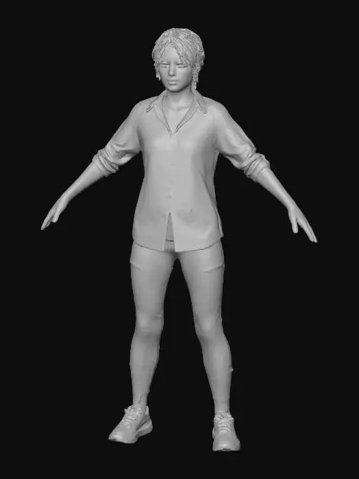3D model for woman with a stained shirt, also make the character's legs, in sneakers. model the hands and hair in detail, make them detailed.