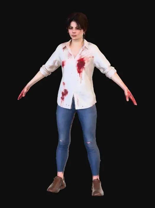 3D model for woman with a stained shirt, also make the character's legs, in sneakers. model the hands and hair in detail, make them detailed.